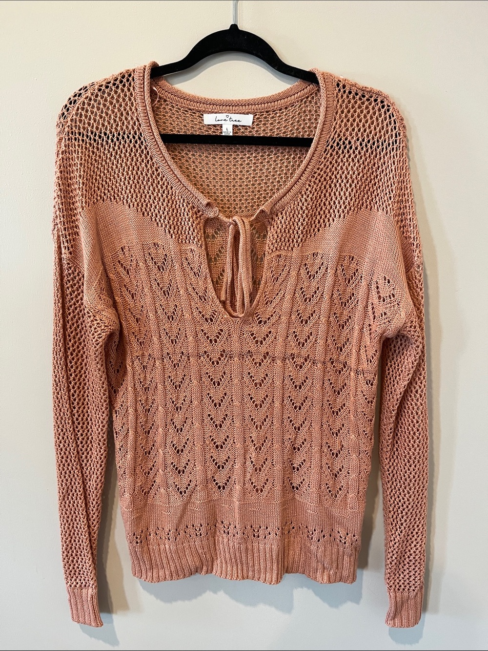 Love Tree Peach Open-Knit V-Neck Tie-Front Sweater